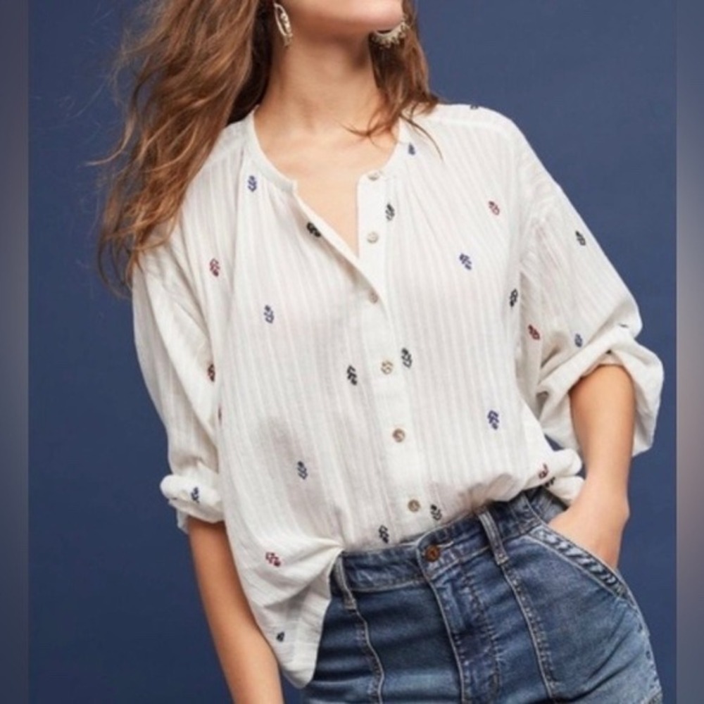 Akemi + Kin Anthropologie White Embroidered Cotton Button Down Blouse Small Boho